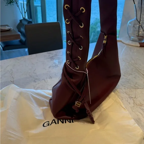 GANNI Burgundy Leather Shoulder and Crossbody Bag - Picture 11 of 15